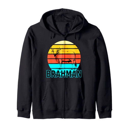 Brahman Cow, Retro Sunset, Vintage Color Palette Zebu Cattle, Brahma Bull Hump, Dewlap Cow, Indian Aurochs Zip Hoodie