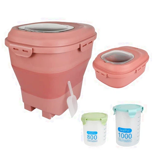 Kesoin Cat Dog Food Storage Container, Dog Cat Pet Bird Chicken Airtight Foldable Feed Rice Storage Container Bins with Sealed Jar and Scoop Store up 15-30lbs, Pink