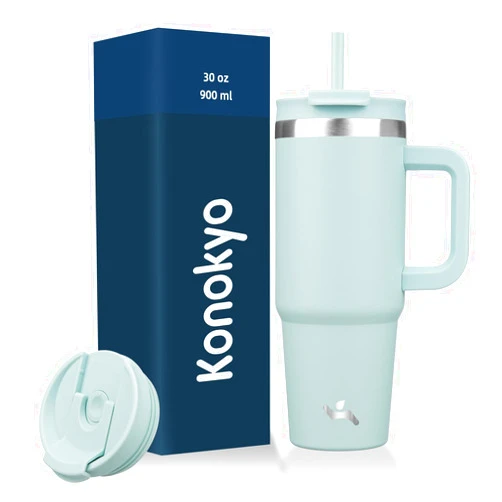 Konokyo 30 oz Tumbler with Handle and 2 Straws,2 in 1 Lid Insulated Water Bottle Stainless Steel Travel Coffee Mug,Blue Haze