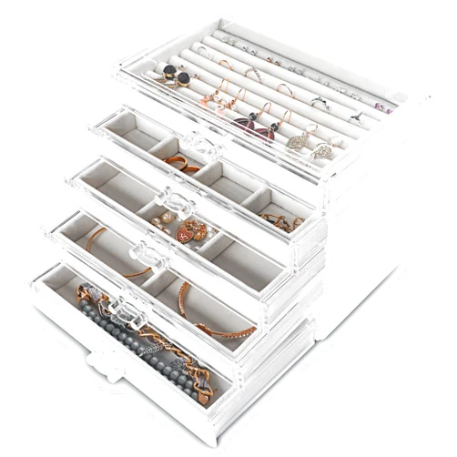 Frebeauty Extra Large Acrylic Jewelry Box for Women 5 Layers Clear Jewelry Organizer Velvet Earring Box with 5 Drawers Rings Display Case Necklaces Holder Tray for Women Girls (White)