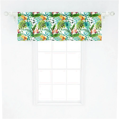 Ambesonne Leaf Window Valance Pack of 2, Vintage Retro 60s Seem Banana Palm Tree Leaves Flowers Hibiscus, Rod Pocket Curtain Valances for Kitchen Bedroom, 54