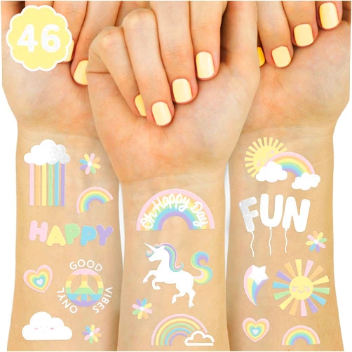 xo, Fetti Rainbow Temporary Tattoos - 46 Glitter Styles | Unicorn Birthday Party Supplies, Oh Happy Day Baby Shower, Magical Party Favors