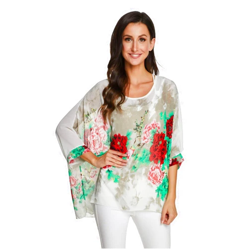 JLTPH Ladies Batwing Chiffon Shirt Bohemian Semi Sheer Loose Floral Blouse Tunic Tops