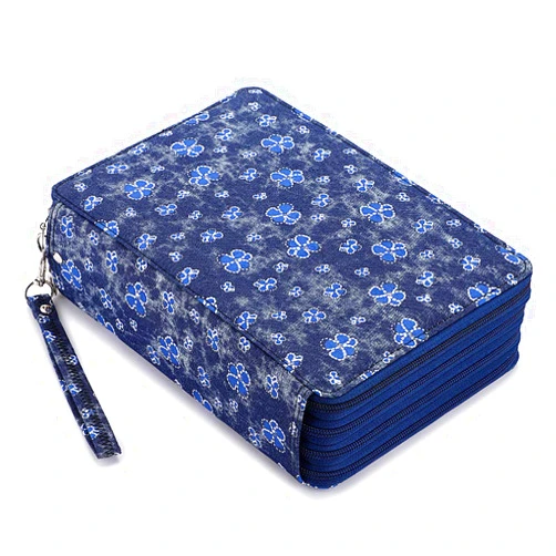 BTSKY Colored Pencil Case- 200 Slots Pencil Holder Pen Bag Large Capacity Pencil Organizer with Handle Strap Handy Colored Pencil Box with Printing Pattern Blue Flower