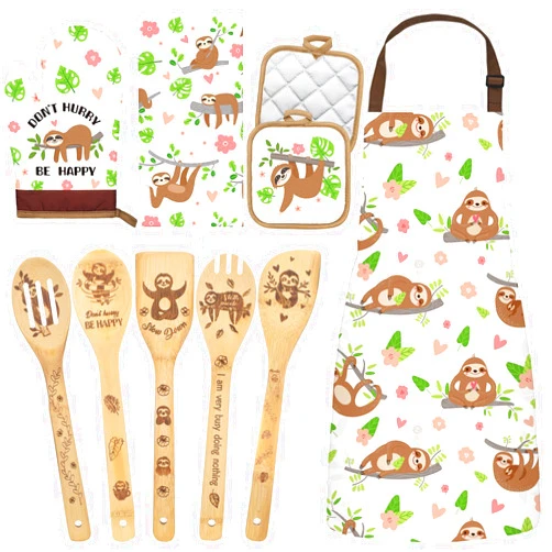 Shihanee 10 Pcs Christmas Kitchen Set, 5 Sloth Wooden Cooking Spoons, Sloth Apron, Cute Towels, Oven Mitt and 2 Pot Holders for Mom, Women Gift, Holiday Cooking Supplies for Xmas, Birthday