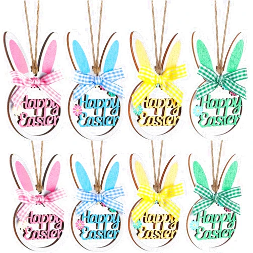 Yookeer 16 Pieces Easter Rabbit Tree Ornament Wooden Hanging Bunny Ornaments with Plaid Bow and Rope Wood Hollowed Out Easter Ornaments Cute Spring Hanging Decorative for Home Garden Decor (Bunny Ears Style)