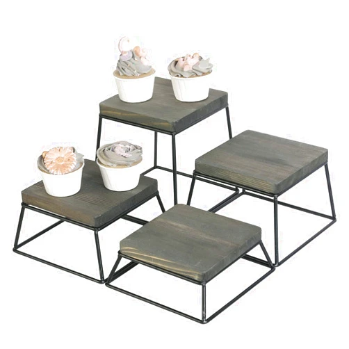 MyGift Weathered Gray Wood Cupcake Stand and Dessert Display Riser with Black Metal Leg Frame, Decorative Multi-Purpose Pedestal Stands, Set of 4