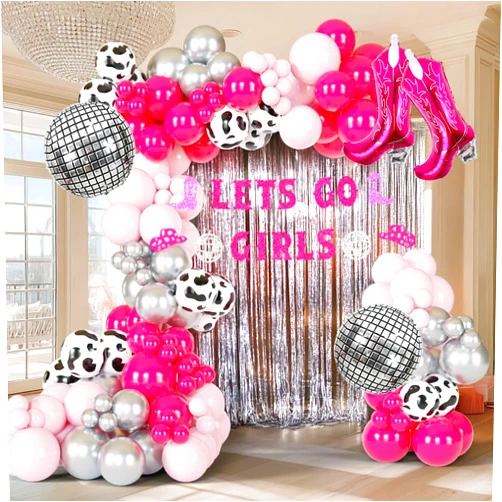 ECEAE Cowgirl Balloons Arch Garland Kit For Last Rodeo Bachelorette Sash Supply Birthday Party Decorations,Hot Pink Rose Red Silver Cow Print Cowgirl Boot Disco Ball Balloon,Let’S Go Girl Banner Backdrop