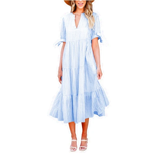 Theenkoln Womens Casual Midi Dress: Short Sleeve V-Neck Empire Waist Gingham Spring Fashion Long Trendy Tiered Formal Dresses