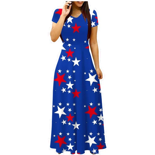 Generic 4Th of July Dress Women Star Stripes American Flag Long Maxi Dresses Casual Short Sleeve V Neck Swing Sundress Trendy