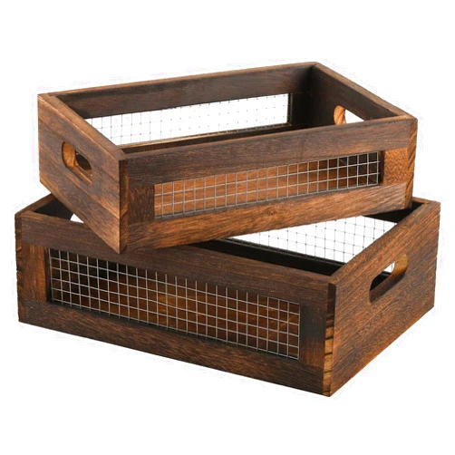 Dicunoy Set of 2 Rustic Nesting Boxes, Wooden Organizer Crates Basket, Small Decorative Wood Wire Containers with Handle for Countertop, Fruit, Veggies, Kitchen, Bathroom, Pantry Storage, Gift Basket