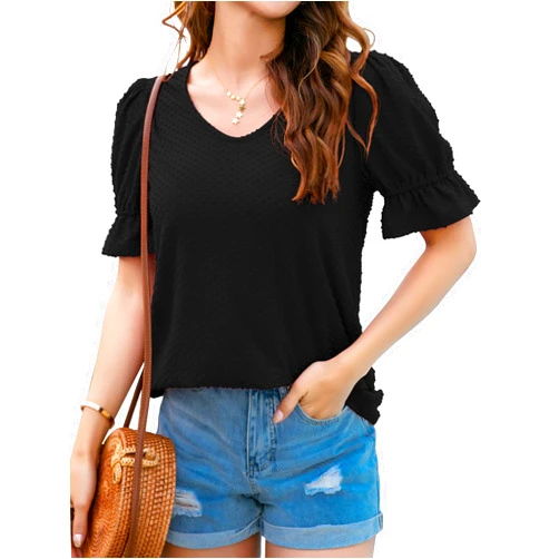 Neineiwu Women Loose Blouses Summer Casual V Neck Bubble Ruffle Short Sleeves Swiss Dot Tops