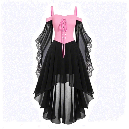 YRAETENM Womens Halloween Costumes 2025 Cold Shoulder Lace Trumpet Sleeve Gothic Punk Dress Renaissance Medieval Witch Dress