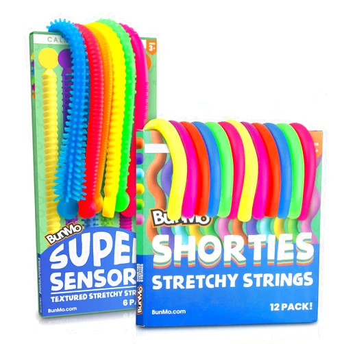 BUNMO Bundle Stretchy Strings - Sensory Toys for Toddlers - Stimulating Sensory Toys for Kids with Autism - Fidget Toy for Anxiety - Hours of Fun - Super Sensory 6pk & Mini Smooth 12pk