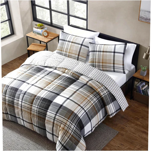 Eddie Bauer - Queen Comforter Set, Plaid Reversible Bedding, Stylish & Warm Home Decor (Normandy Grey, Queen),Grey/White/Beige