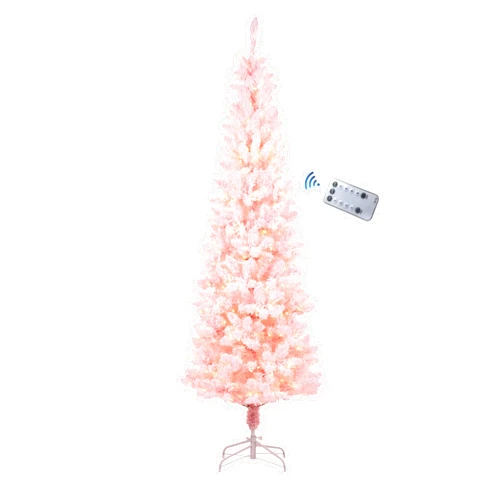 Erivc 7FT Pink Pre-Lit Skinny Christmas Tree, Auto Open Snow Flocked Full Xmas Tree with 1000 Branch Tips, 350 Lights & Foldable Stand for Outdoor and Indoor Decoration
