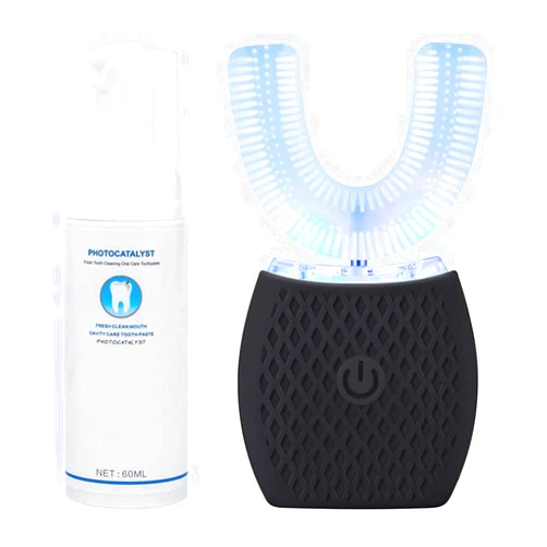 Maybuy Ultrasonic Automatic Toothbrush, Ultrasonic U-Shaped Toothbrushes for Adult, 360° Electric Sonic Tooth Brush with Automatic Timer, Wireless Charging Teethbrush Kit for Travel Or Home (Black)