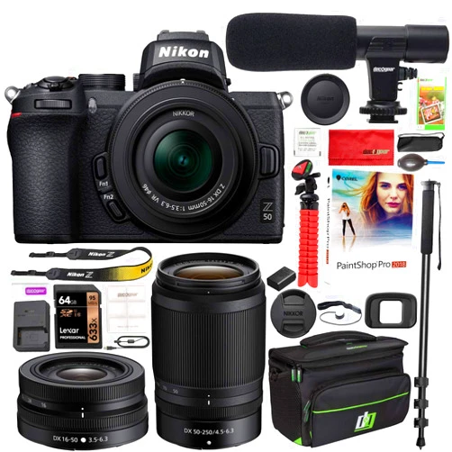 Nikon Z50 Mirrorless Camera Body 4K UHD DX-Format 2 Lens Kit NIKKOR Z DX 16-50mm F/3.5-6.3 VR + Z DX 50-250mm F/4.5-6.3 VR Bundle with Deco Gear Case + Microphone + Monopod + 64GB Card & Accessories
