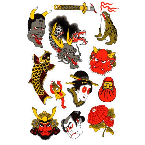 Tatsy The Japanese Set, Waterproof Temporary Tattoos Party Cover Up and For Men and Women, Asian Culture Patterns Designs Motifs Shapes, Samurai Sword Dragon Warrior Flower Geisha Frog