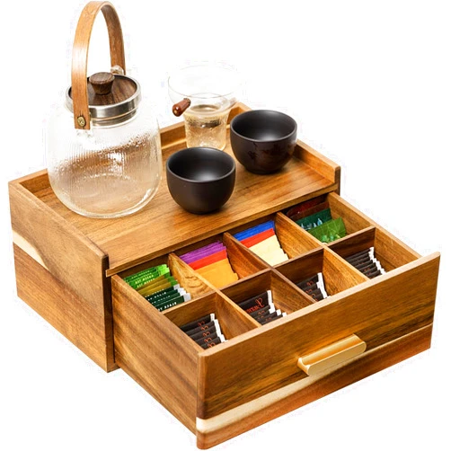 FLYIEE Acacia Wood Tea Bag Organizer, Tea Organizers and Storage Box, Tea Caddy for Tea Bags Storage Drawer, Teabag Holder Container Boxes for Countertop, Tea Station Chest Display Wooden, Organizador De Te