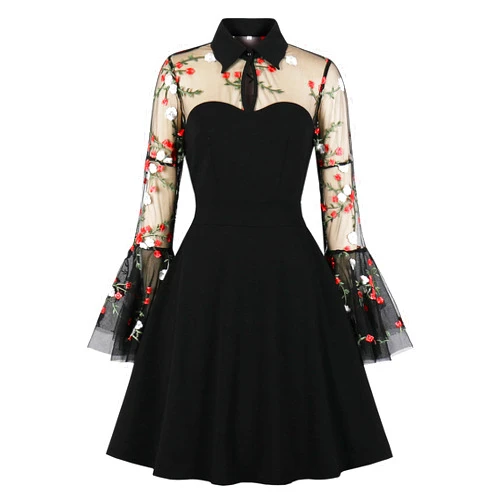 Wellwits Women's Embroidery Mesh Bell Sleeve Gothic Dress