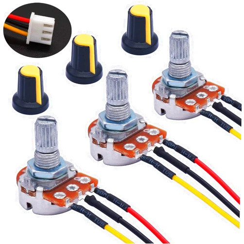 TWTADE 3PCS 10K Ohm Linear Taper Rotary Potentiometer WH148 B10K 3 Pin with XH2.54-3P Connector Wire Cable + Yellow Knob Cover Cap 148-10kYE