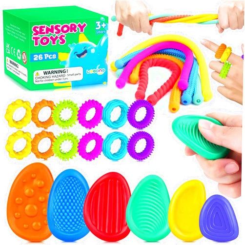 LESONG Fidget Sensory Toys for Kids: 26 Pack Quiet Squishy Fidget for Classroom Students Prizes- Textured Soft Stone Fidgets Rings Stretchy Strings for Autism Calming Down Tools - Party Favors,Treasure Box