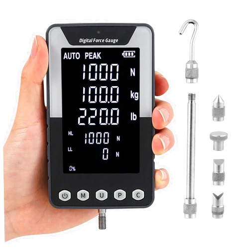 Mxmoonfree 1000N Digital Force Gauge Push Pull Gauge with USB Output, 3.9'' Large Screen, N/Kg/Lb Units, Calibration Certificate for Lab Tension Compression Load Plug Destructive Test (EF-1000N)