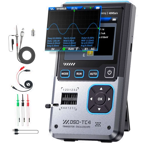 FNIRSI DSO-TC4 Handheld Oscilloscope, 10MHz Bandwidth 48MSa/s Sampling Rate Transistor Tester Digital Oscilloscope DDS Signal Generator 3 in 1, Voltage Continuity Zener Diode Triode Component Tester