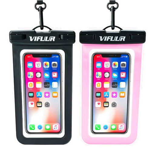 VIFUUR IPX8 Waterproof Phone Pouch Universal Cellphone Dry Bag Case Compatible for iPhone 15 14 13 12 Pro Max XS Plus Samsung Galaxy Phone Protector for Beach Diving Swimming -2 Pack Black/Pink