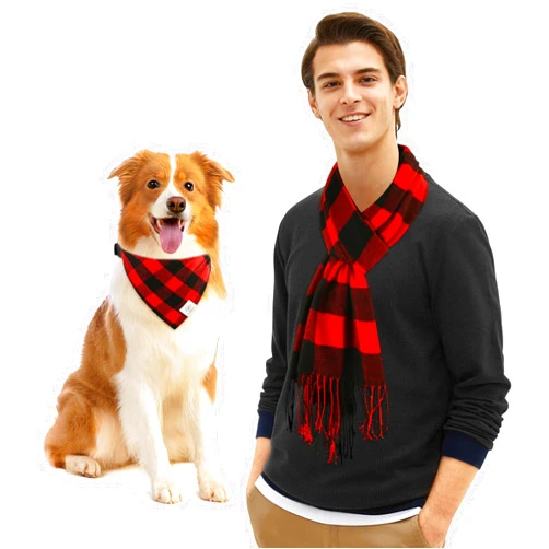 E-Clover Christmas Matching Dog and Owner Set-Dog Bandana Collar & Matching Scarf Girl Boy Adjustable Dog Collars for Small Medium Dogs Owner Dad Gift Red Black Buffalo Plaid