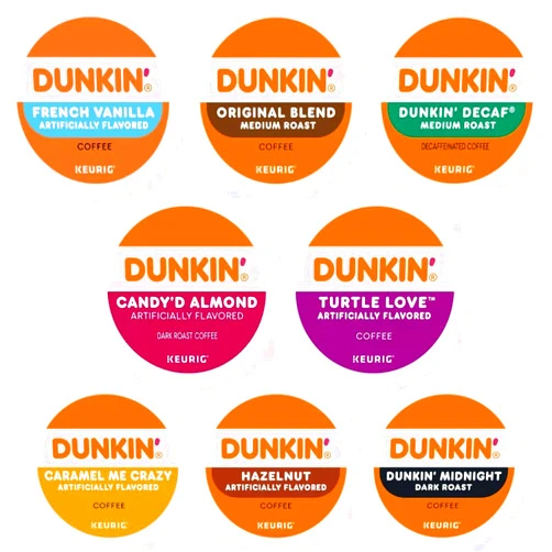 BREWANA Dunkin K-cups Variety Pack Sampler Includes Original, French Vanilla, Hazelnut, Turtle Love, Candy'd Almond, Caramel Me Crazy, Midnight, And Decaf 24 Count
