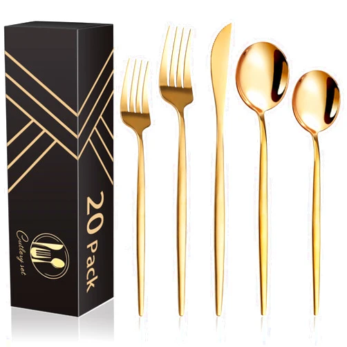IFERRENS 20-Piece Gold Silverware Set for 4, Titanium Golden Stainless Steel Flatware Set, Golden Cutlery Set for Home and Restaurant, Daily Utensil, Mirror Polished, Dishwasher Safe, Serving for 4