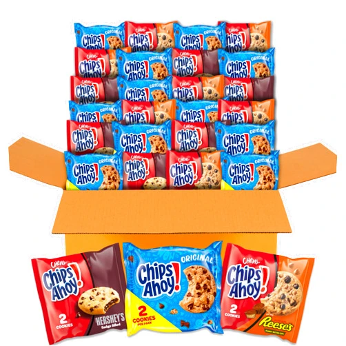 CHIPS AHOY! Cookies Variety Pack, Original Chocolate Chip, Chewy Chocolate Chip with Reese's Peanut Butter Cups & Chewy Hershey's Fudge Filled Soft Cookies, 50 Snack Packs (2 Cookies Per Pack)