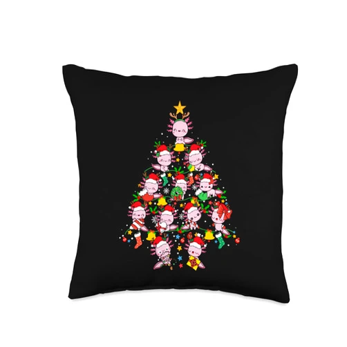 Axolotl Christmas Tree Lights Girls Boys Toddler Cute Axolotl Christmas Tree Festive and Playful Xmas Throw Pillow, 16x16, Multicolor