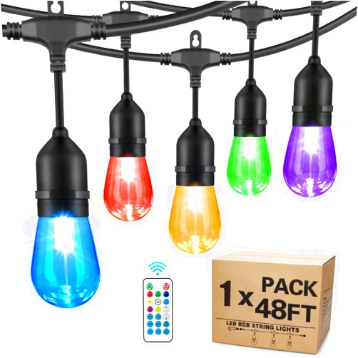 WENFENG 48 FT RGB Outdoor String Lights with Shatterproof String, Waterproof 15 S14 Bulbs, Dimmable LED Patio String Lights with Remote for Outdoor, Backyard, Porch,Yard