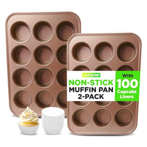 NutriChef Muffin Pans for Baking, Nonstick 2-Piece Cupcake Tin w/ 12-Cups, Carbon Steel Stackable Cup Cake Tray, Dishwasher Safe - Gold