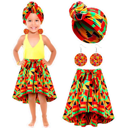 Tarpop 3 Pcs Halloween Kid African Clothes Dashiki Skirt Toddler Girl Bohemian Head Wrap Dangle Earring African Outfits