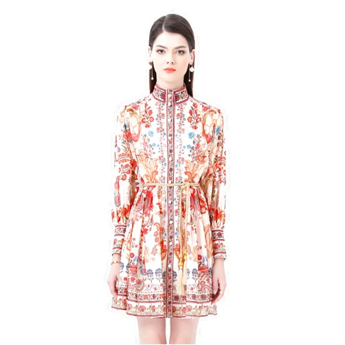 LAI MENG FIVE CATS Women's Floral Print Long Lantern Sleeve Ruffle Casual Button Belted Thin Fabric Mini Dress