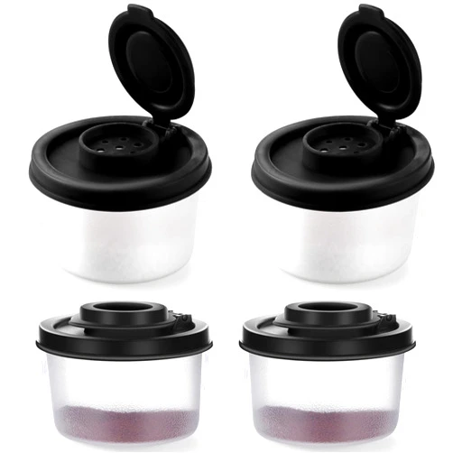 Aedida 4 Pcs Salt and Pepper Shakers Set Mini Plastic Pepper Shaker with Lid Damp Proof Popcorn Containers Clear Spice Jars Salt Shaker for Travel Camping Picnic Lunch Dining Kitchen (Black, Small)