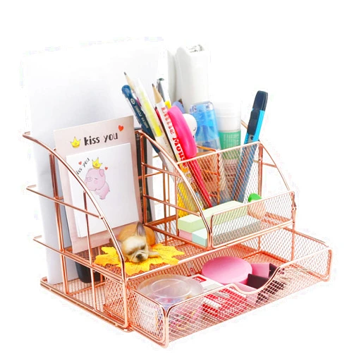 Ogrmar Rose Gold Desk Supplies Organizer, Multi-Functional Mesh Desk Organizer with 6 Compartments & Desk Drawer Organizer for Office Supplies and Desk Accessories（Rose Gold） (9