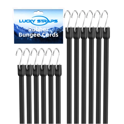 LuckyStraps 8 Inch Short Rubber Bungee Cords Heavy Duty Outdoor, Mini Small Bungee Straps with Upgraded Hooks, Black Tarp Straps with 1.9X Max Stretch & 100% Rubber for Cargo, Van, Truck, Motorcycle, etc (12 Pcs)