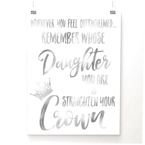 Saltwater Blue Silver Foil - Whenever You Feel Overwhelmed.Remember Whose Daughter You Are and Straighten Your Crown | Inspirational Wall Art | 8x10 Inch Metallic Foil Art Print | Gift for Women, Teens & Girls