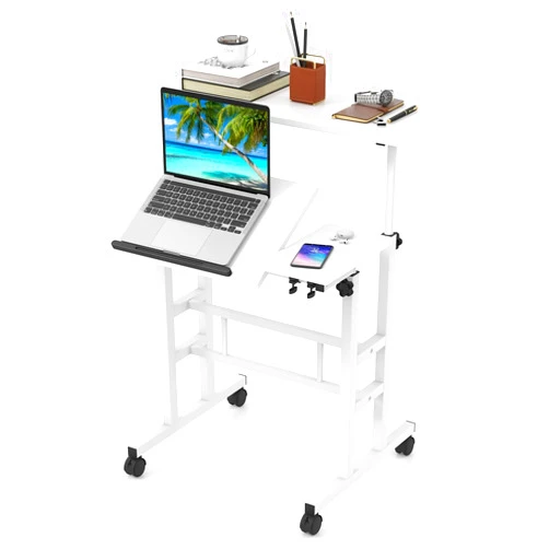 Tangkula Mobile Standing Desk Stand Up Desk, Height Adjustable Home Office Desk with Standing & Seating 2 Modes, Tilting Tabletop & Flexible Wheels, Rolling Laptop Cart Sit Stand Desk (White)