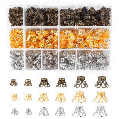 PH PandaHall 840 pcs 3 Sizes 3 Colors Flower Shape Iron Flower Petal Bead Caps Spacers for Earring Bracelet Necklace DIY Jewelry Making, Golden/Antique Bronze/Platinum