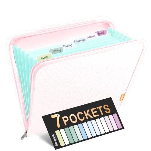 Sooez Accordion File Organizer with Safe Zipper, 7 Pockets Expanding File Folder, Heavy Duty Folder Organizer, Sleek Letter Size Accordion Folder, Portable Expandable File Folder for Documents, Pink