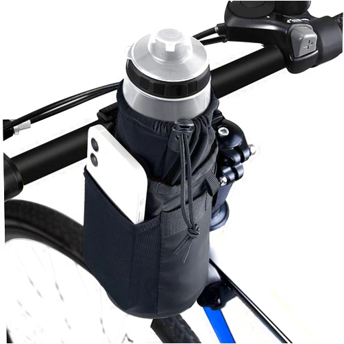 WOTOW Bike Insulated Water Bottle Holder Bag, Bicycle Drink Cup Holder, Handlebar Frame Strap-On No Screws Water Bottle Cage, Cycling Phone Storage Bag with Shoulder Strap for Touring Commuting