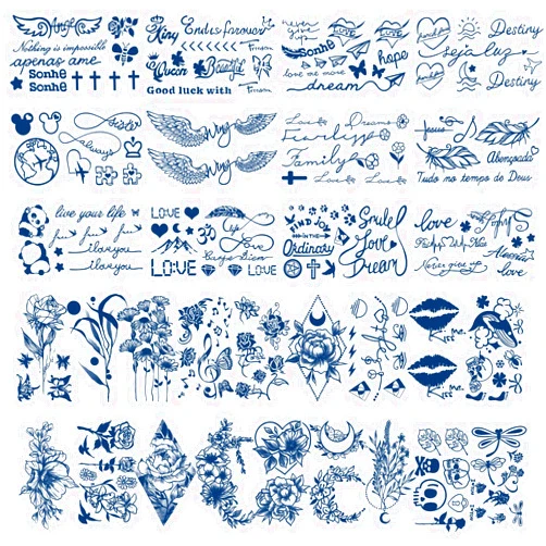 Metuu 30 Sheets Semi-Permanent Tattoo Small Temporary Tattoos Easy to Use Durable Waterproof Temp Tattoo Sticker with Word Peony Panda Flower Pattern - Lasts 1-2 Weeks