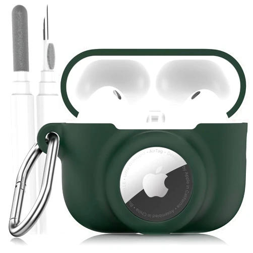 LDSXAY 2 in 1 Silicone Case Compatible with AirPods Pro 3 and AirTag, Shockproof Protective Case Cover for AirPods Pro 3rd Generation 2025 with Cleaner Kit & Carabiner (Dark Green)