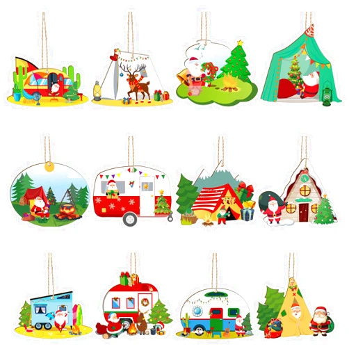 Chunful 36 Pieces Happy Camper Christmas Tree Ornament Wooden Camping Christmas Hanging Ornament RV for Santa Camper Tree Decor with Rope for Xmas Tree Party Decor Supplies